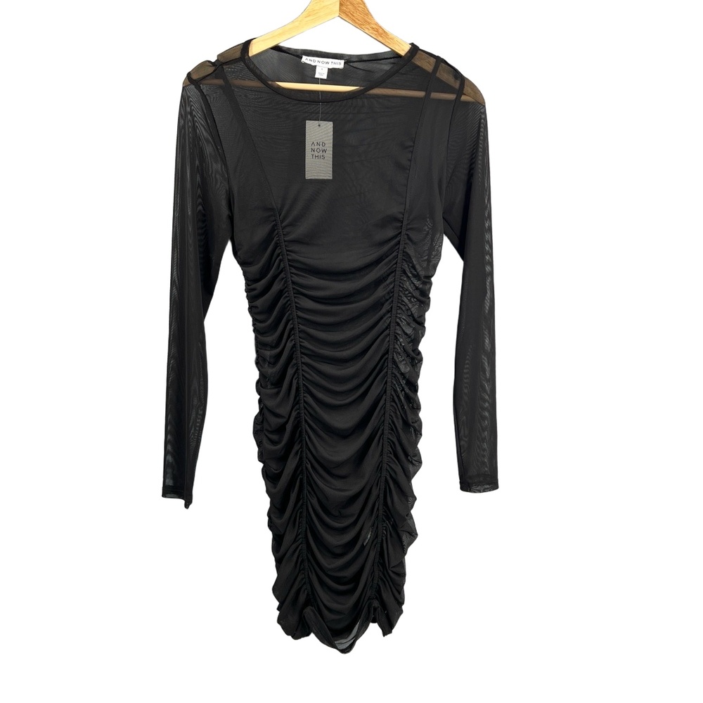 Sheer Mesh Black Dress And Now This Long Sleeve Ruched Cocktail Small New